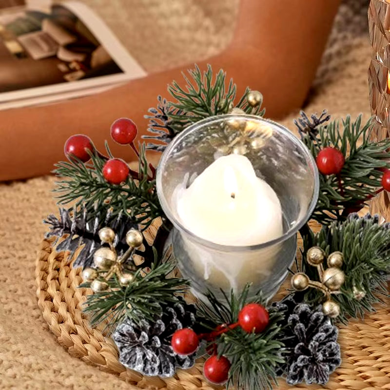 Christmas Candle Rings Wreaths Red Berry Wreath Candle Ring Eye-Catching Candle Holder Rings for Dinner Table Mantel Shelf Door