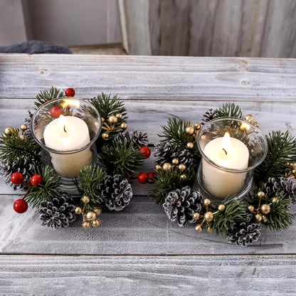 Christmas Candle Rings Wreaths Red Berry Wreath Candle Ring Eye-Catching Candle Holder Rings for Dinner Table Mantel Shelf Door