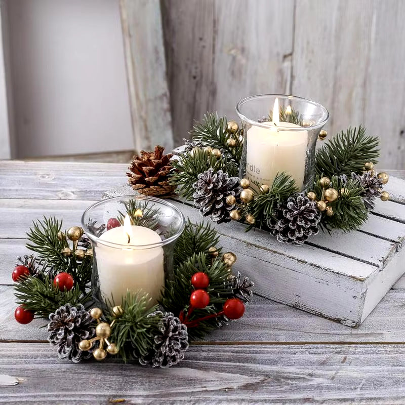 Christmas Candle Rings Wreaths Red Berry Wreath Candle Ring Eye-Catching Candle Holder Rings for Dinner Table Mantel Shelf Door