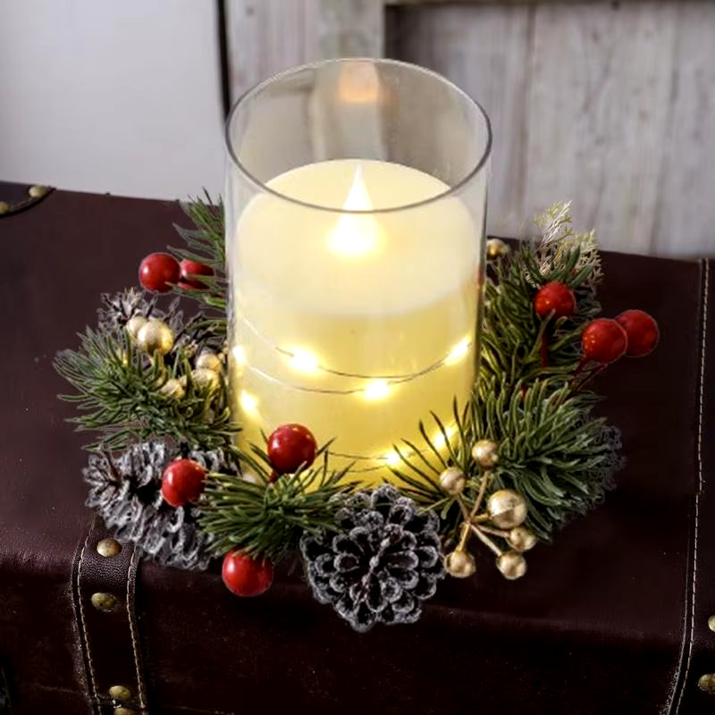 Christmas Candle Rings Wreaths Red Berry Wreath Candle Ring Eye-Catching Candle Holder Rings for Dinner Table Mantel Shelf Door